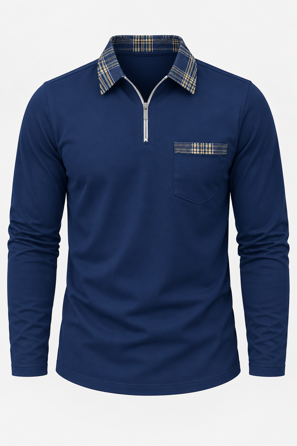 Polo hombre manga larga media cremallera cuello de cuadros - Sören