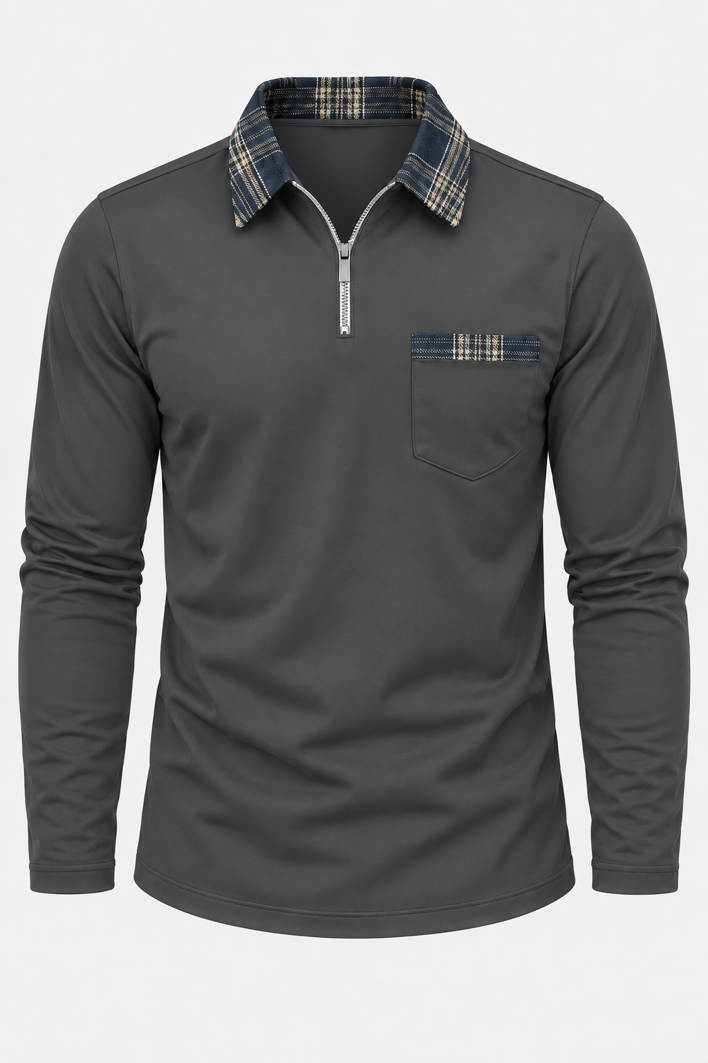 Polo hombre manga larga media cremallera cuello de cuadros - Sören