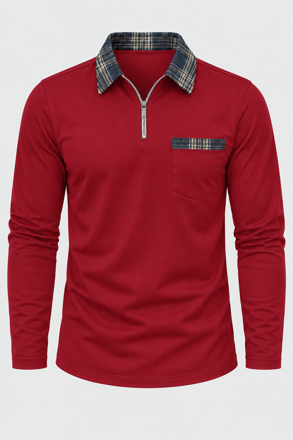 Polo hombre manga larga media cremallera cuello de cuadros - Sören