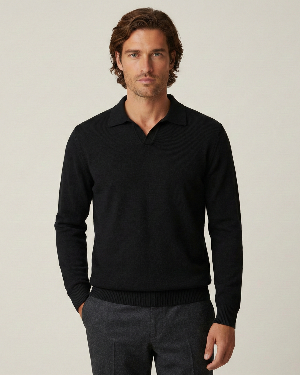 Polo hombre manga larga punto liso cuello abierto - Elian