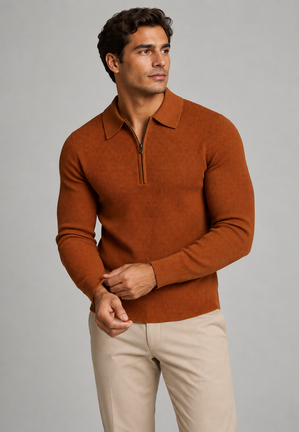 Polo hombre punto texturizado media cremallera manga larga - Lior