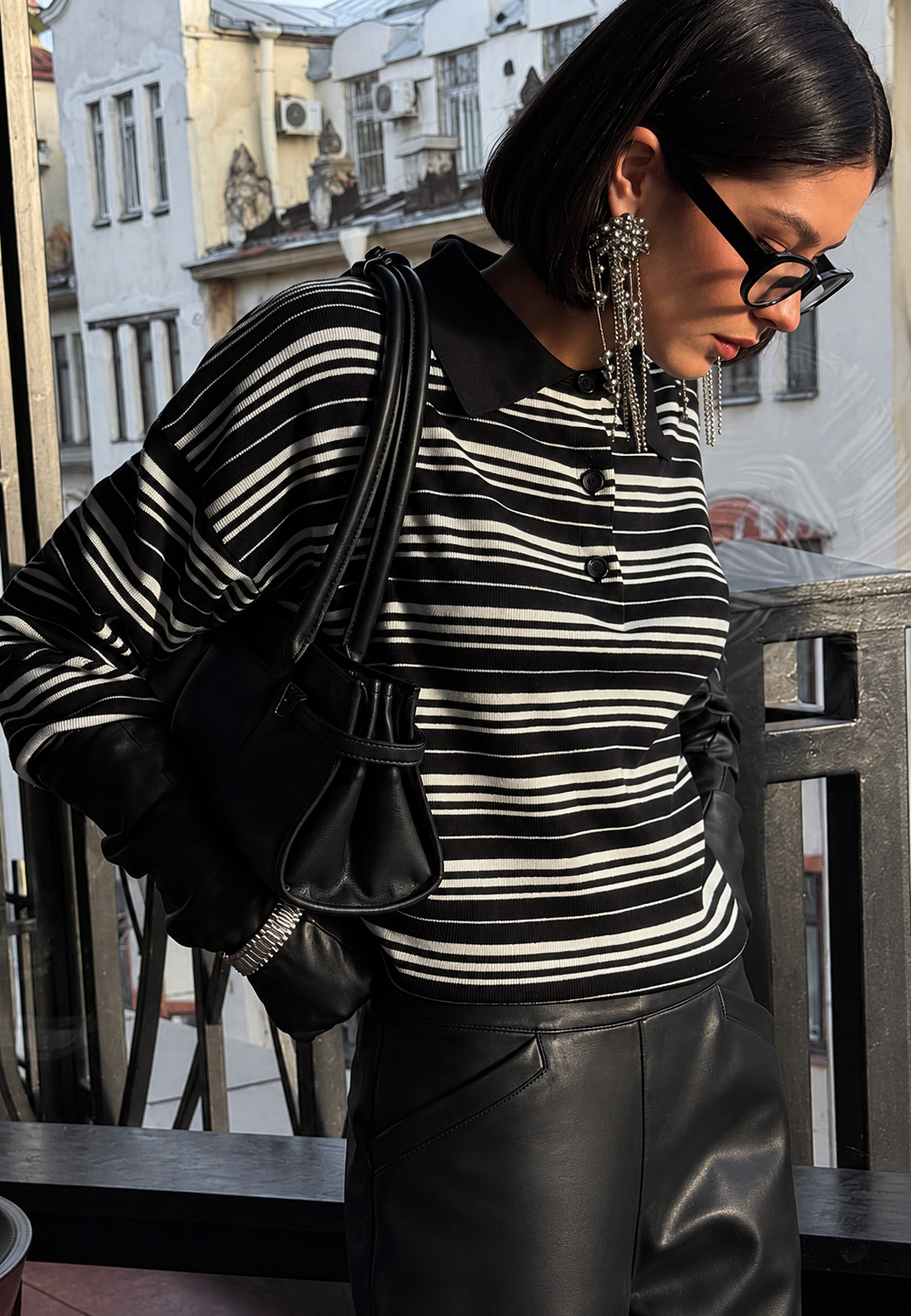 Polo mujer punto rayas horizontales cuello camisero manga larga - Adelma
