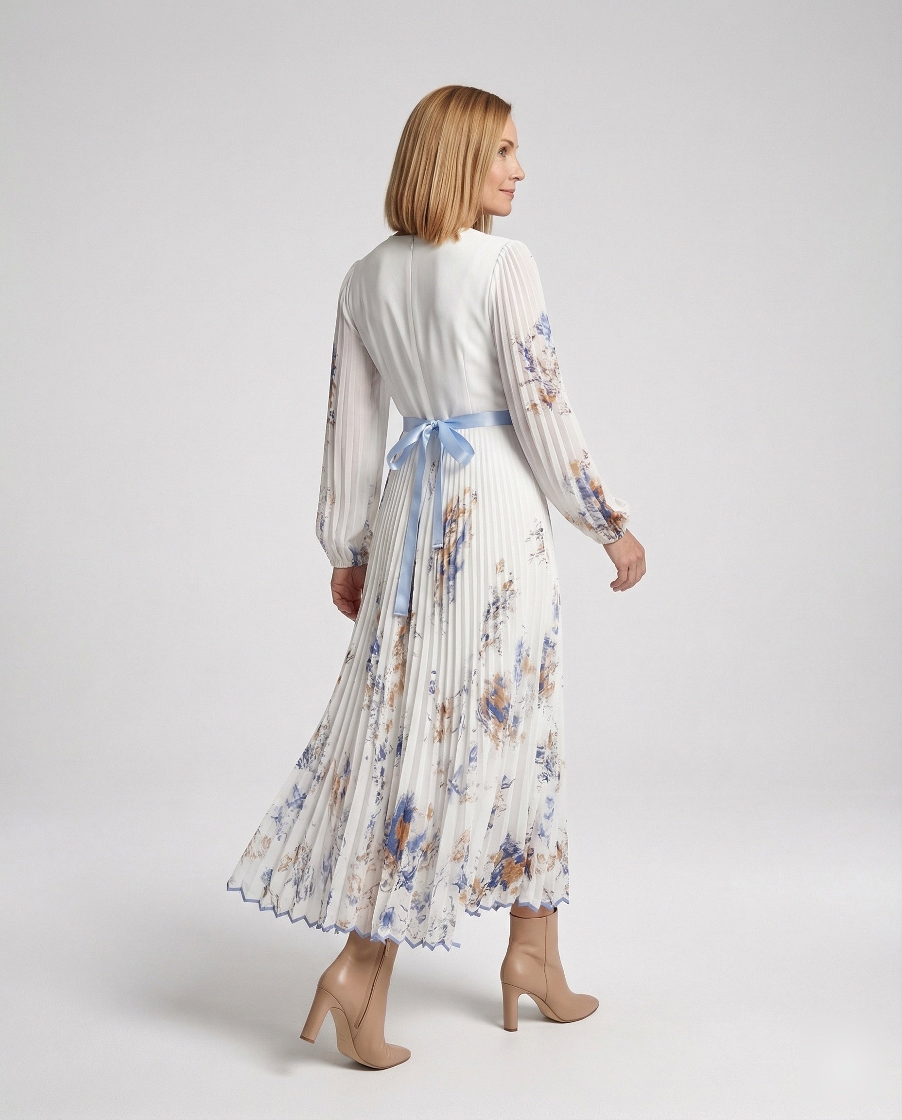 Vestido maxi plisado con manga larga y escote cruzado para mujer - Alwine