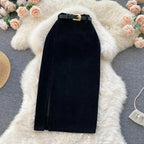 Falda de pana con abertura lateral y cintura alta, elegante y refinada perfecta para un look sofisticado y de tendencia