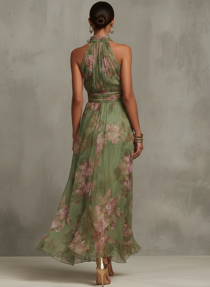 Vestido largo floral con cuello halter y cintura drapeada- Sophie