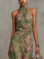 Vestido largo floral con cuello halter y cintura drapeada- Sophie