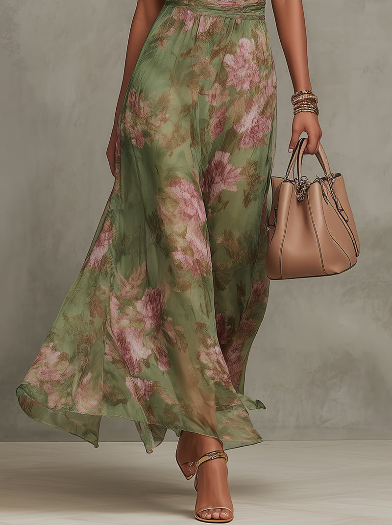 Vestido largo floral con cuello halter y cintura drapeada- Sophie