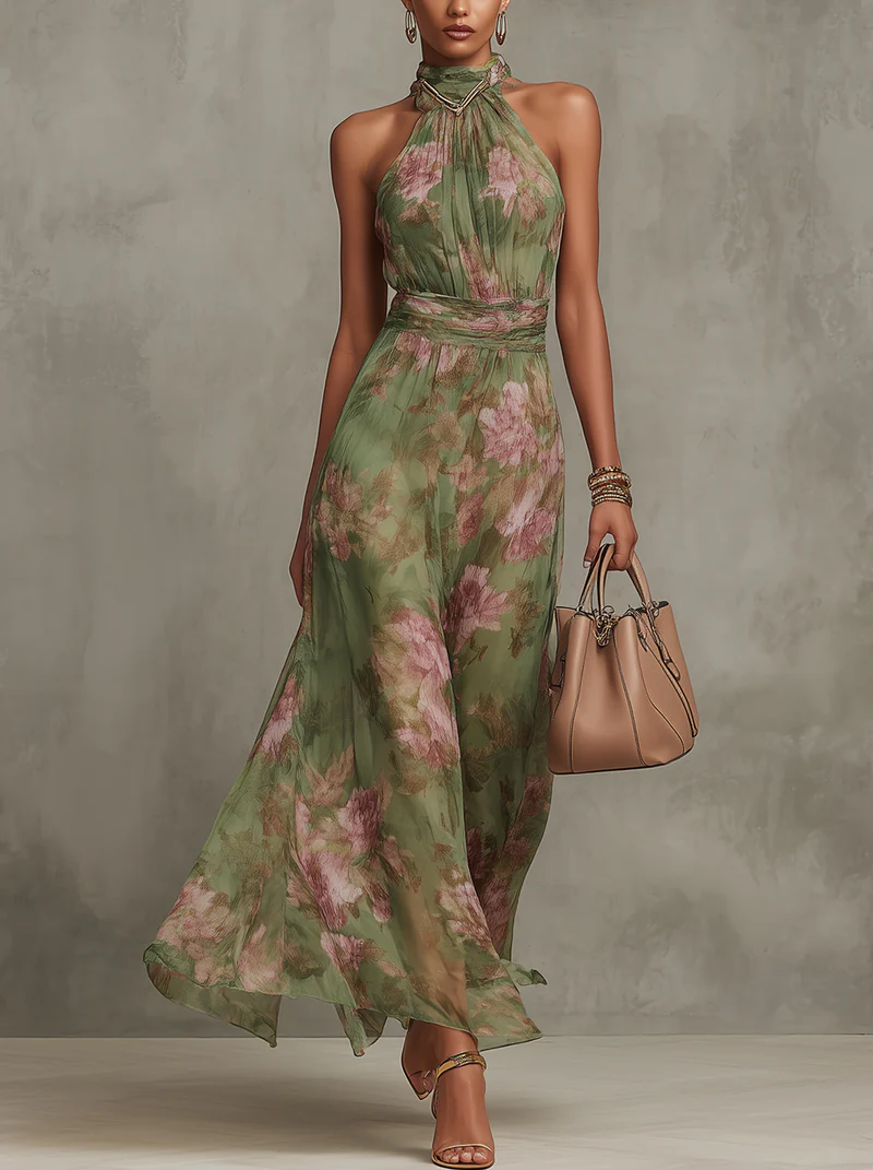 Vestido largo floral con cuello halter y cintura drapeada- Sophie