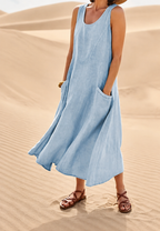 Vestido largo mujer sin mangas escote redondo bolsillos - Tina