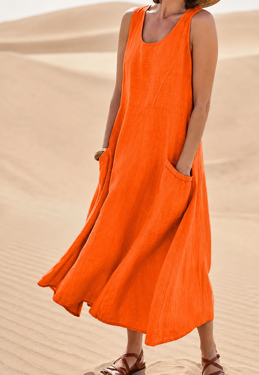 Vestido largo mujer sin mangas escote redondo bolsillos - Tina