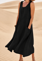 Vestido largo mujer sin mangas escote redondo bolsillos - Tina