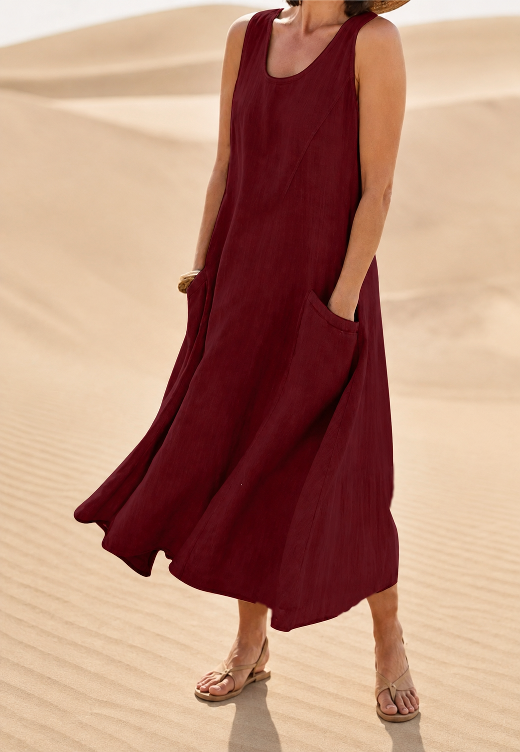 Vestido largo mujer sin mangas escote redondo bolsillos - Tina