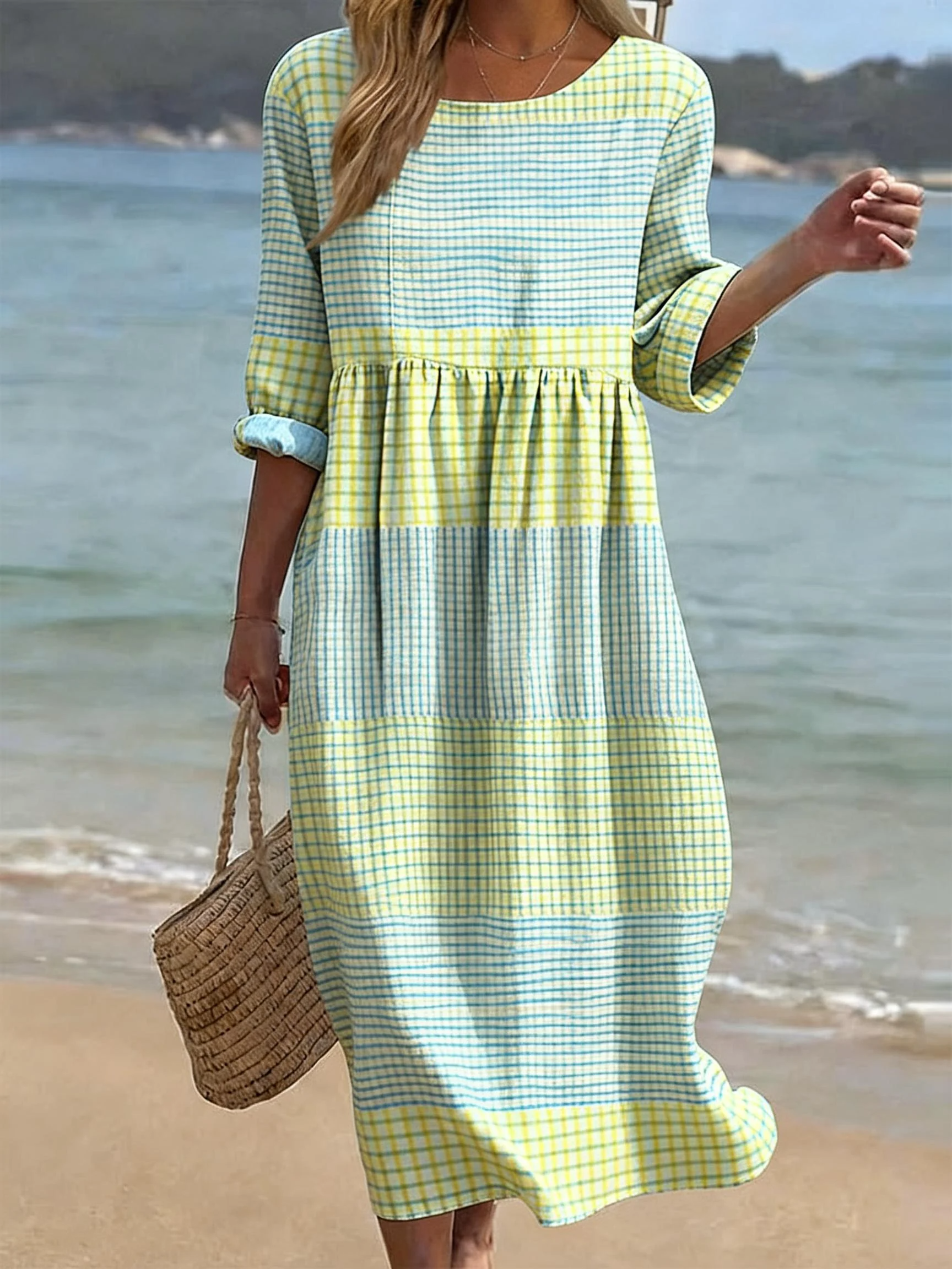Vestido midi casual mujer de cuadros cuello redondo - Jette