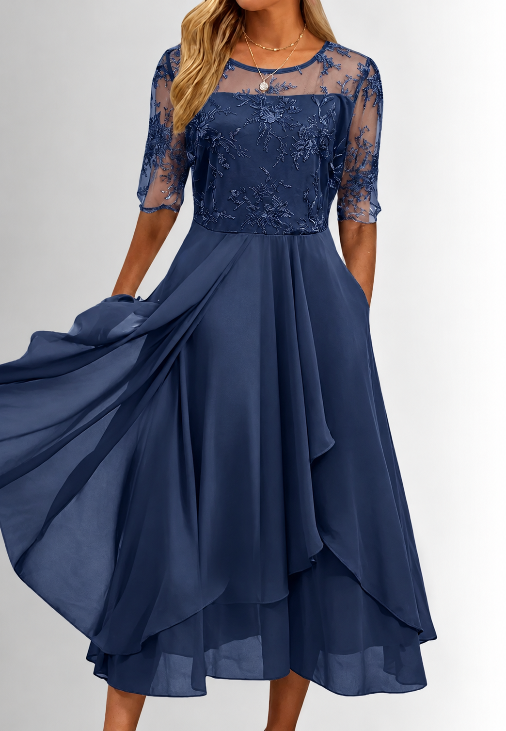 Vestido midi mujer encaje floral manga al codo - Rhonda