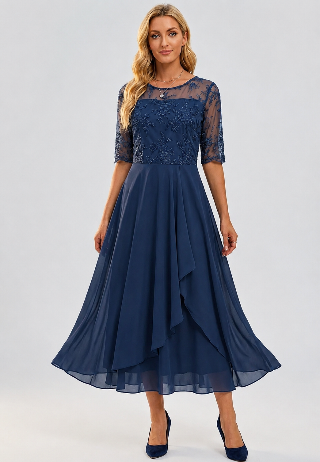 Vestido midi mujer encaje floral manga al codo - Rhonda