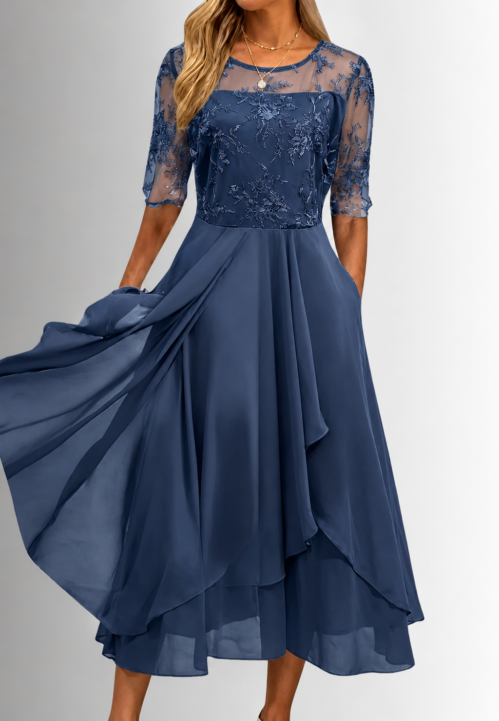 Vestido midi mujer encaje floral manga al codo - Rhonda