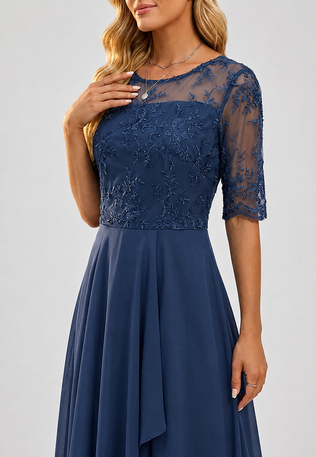 Vestido midi mujer encaje floral manga al codo - Rhonda