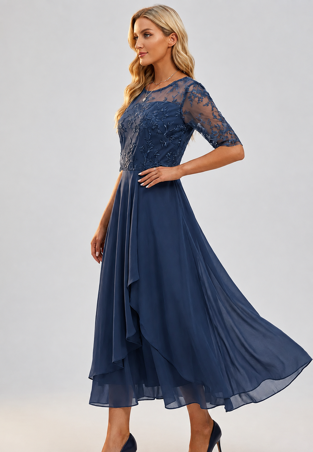 Vestido midi mujer encaje floral manga al codo - Rhonda