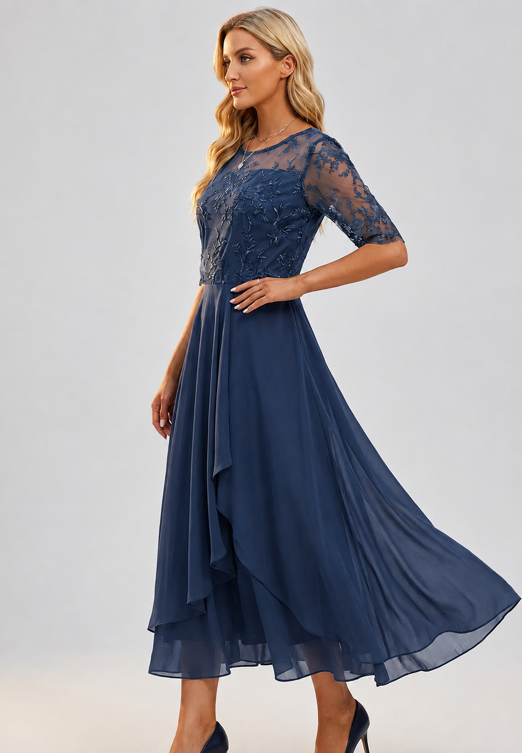 Vestido midi mujer encaje floral manga al codo - Rhonda