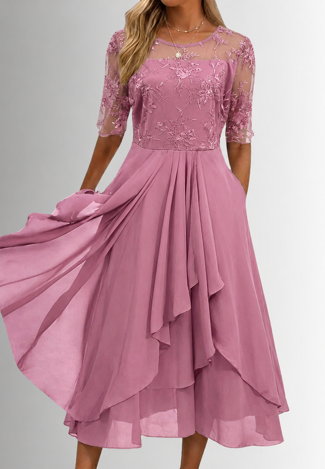 Vestido midi mujer encaje floral manga al codo - Rhonda