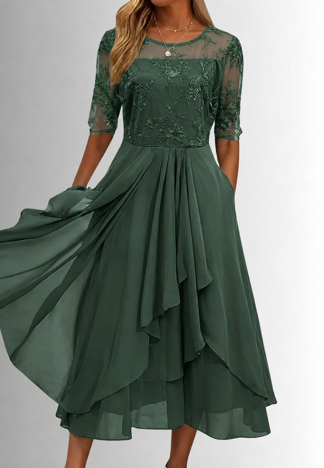 Vestido midi mujer encaje floral manga al codo - Rhonda