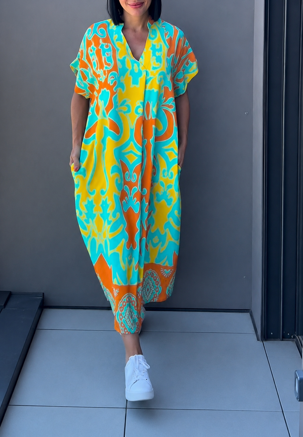 Vestido midi mujer estampado escote pico - Nia