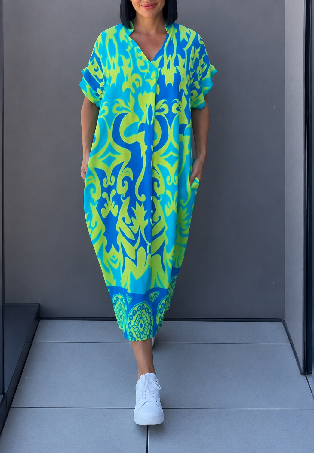Vestido midi mujer estampado escote pico - Nia