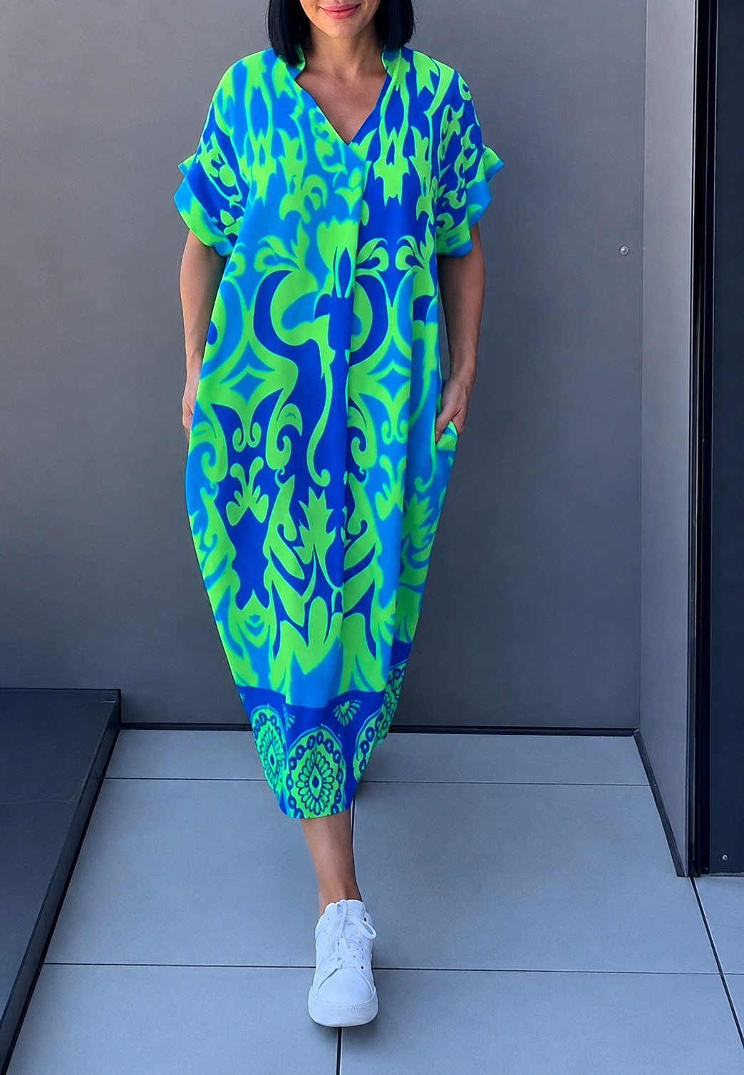Vestido midi mujer estampado escote pico - Nia