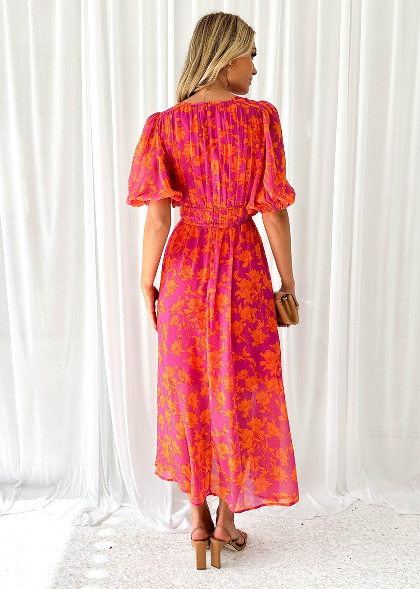 Vestido midi mujer estampado floral manga abullonada - Katy