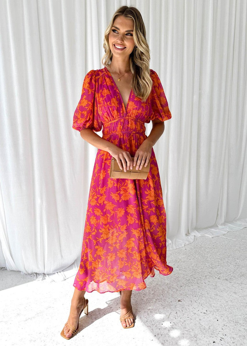 Vestido midi mujer estampado floral manga abullonada - Katy