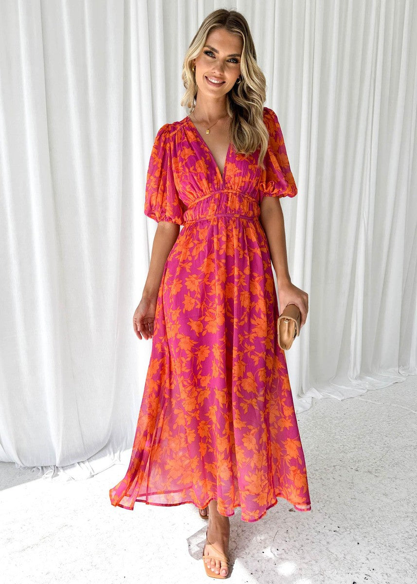 Vestido midi mujer estampado floral manga abullonada - Katy