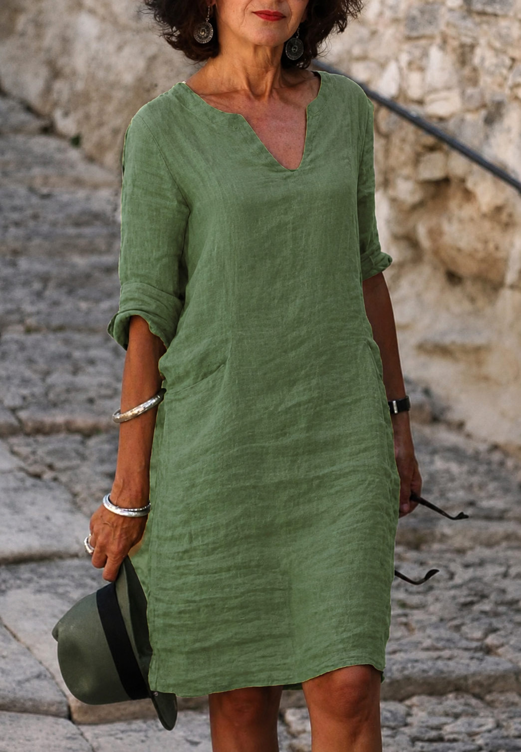 Vestido casual para mujer con escote en V y manga francesa - Elvy